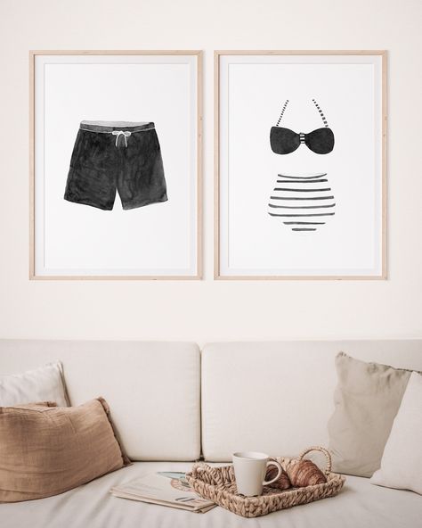 Vintage Black and White Swimsuit Art Print, Bathing Suit Print Set, Beach House Decor, Lake House Wall Art, Nursery Decor - Etsy Black And White Lake House Decor, Black And White Beach Bathroom, Black And White Beach House Decor, Black Beach Decor, Black And White Beach Aesthetic, Black And White Coastal Decor, Black And White Beach House, Swimsuit Art, Beachy Farmhouse