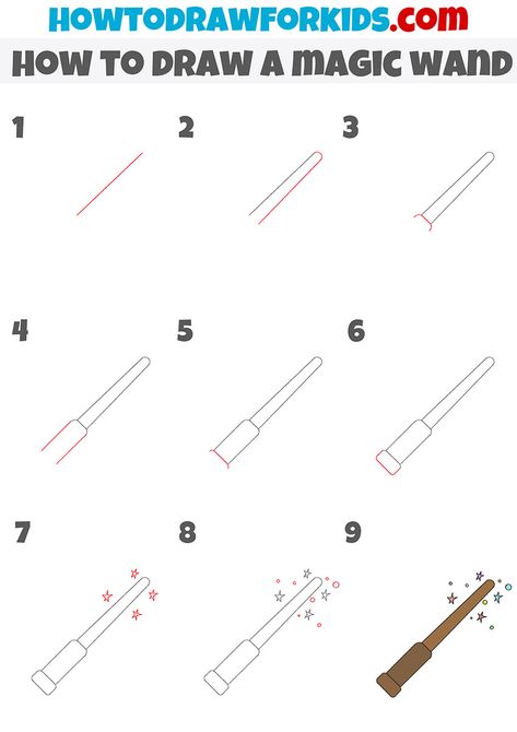 how to draw a magic wand step by step How To Draw Harry Potter Step By Step, Harry Potter Doodles Easy, Harry Potter Broomstick, Potions Book, Drawing Bases, Theme Harry Potter, Harry Potter Drawings, Harry Potter Wand, Art Things