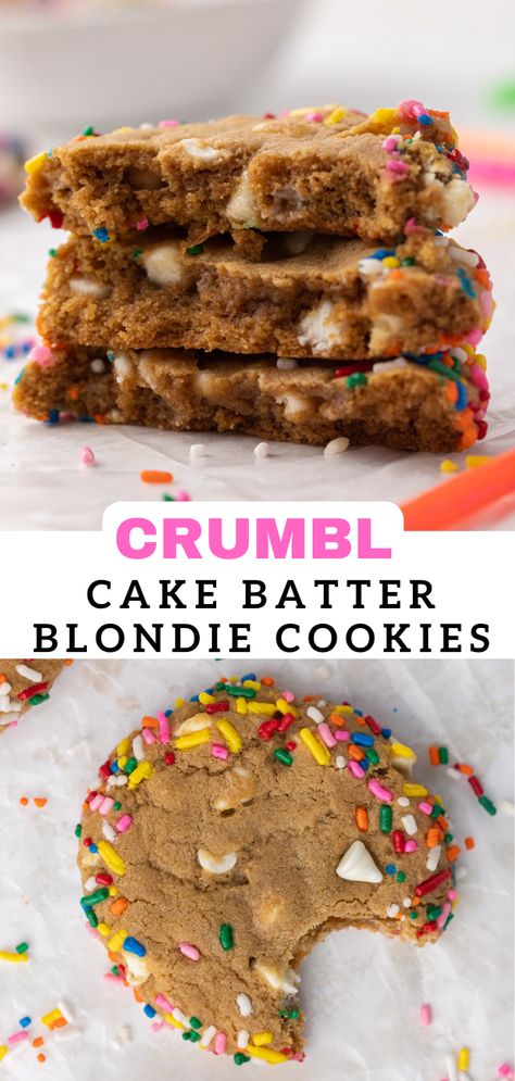 The Best Crumbl Cake Batter Blondie Cookies - Lifestyle of a Foodie Cake Batter Blondie Cookies, Crumbl Cookie Copycat Cake Batter, Cake Batter Crumble Cookie, Crumbl Cookie Copycat Cake Batter Blondie, Cake Batter Blondie Crumbl Cookie, Cookie Cake Flavors, Blondie Cookies, Crumbl Recipes, Blondie Cookies Recipe