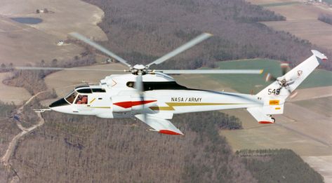 The Sikorsky S-72 Rotor Systems Research Aircraft (RSRA) had the unique ability to fly as a pure helicopter, a compound helicopter, or as a fixed-wing aircraft. The first flight in compound configuration was completed on Monday, April 10, 1978 from Wallops Flight Test Center to Moffett Field. Air Wolf, Sikorsky Aircraft, Private Jet Interior, Bell Helicopter, Aircraft Images, Big Birds, Fixed Wing Aircraft, Riders On The Storm, Military Helicopter