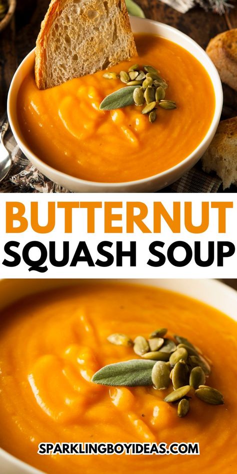 Savor the warmth of fall with our homemade butternut squash soup recipe! Discover a creamy and comforting squash soup recipe that's both healthy and vegan. Roast the squash for an added depth of flavor or opt for an easy version. Spice things up with a spicy, curried, or ginger-infused twist. Whether you're using an Instant Pot or a slow cooker, our fall soup with cinnamon and nutmeg will delight your taste buds. Enjoy a dairy-free and gluten-free soup that's perfect for cozy autumn evenings. Squash Recipes Thanksgiving, Carrot Butternut Squash Soup, Best Butternut Squash Recipe, Best Butternut Squash Soup, Savory Butternut Squash, Vegan Butternut Squash Soup, Frozen Butternut Squash, Butternut Squash Soup Recipe, Butternut Squash Cubes