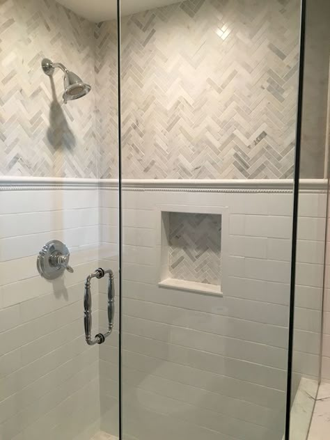 Bath Tile, Tiles Ideas, Master Shower, Master Bath Ideas, Stunning Bathrooms, Bathroom Shower Tile, Herringbone Tile, Hall Bathroom, Master Bath Remodel