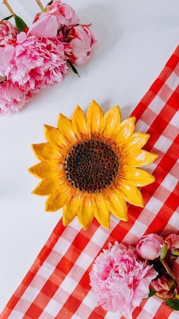 Clay Sunflowers, Air Dry Clay Sunflower, Sunflower Ceramics Pottery, Sunflower Ceramic, Ceramic Sunflower, Sunflower Clay Tray, Sunflower Ceramic Bowl, Sunflower Ring, Upcycled Art