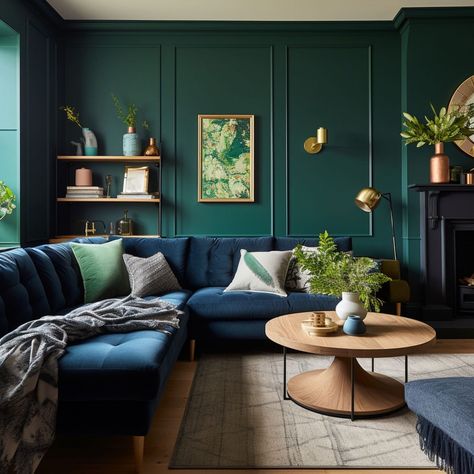 10 Colors That Go Well With Navy Blue - Rhythm of the Home Navy Blue And Moss Green Living Room, Forest Green And Navy Living Room, Living Room Paint Color Ideas With Navy Blue Sofa, Navy And Green Color Scheme, Moss Green And Blue Living Room, Accent Wall With Blue Couch, Greens That Go With Navy Blue, Green Walls Blue Couch, Living Rooms With Navy Blue Sofas