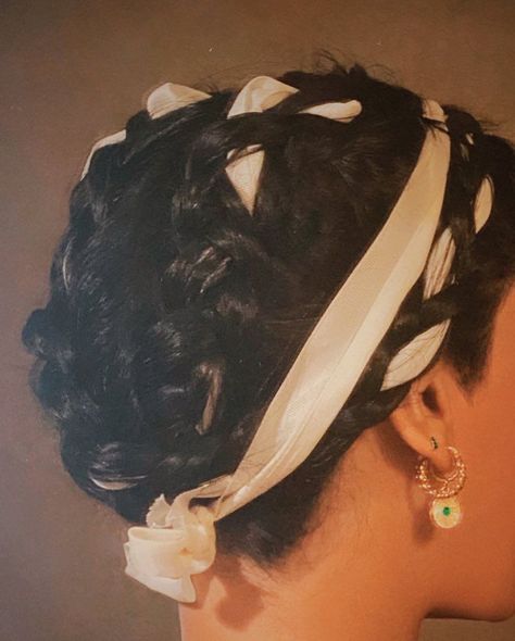 braids braid braidstyles braidedhair milkmaid ribbon earrings gold Bridal Milkmaid Braid, Ribbon Braids Mexican, Milkmaid Braid With Ribbon, Milkmaid Braid Black Women, Milkmaid Bun, Mexican Braided Hairstyles, French Braids Aesthetic, Milkmaid Hair, Mexican Braids With Ribbon