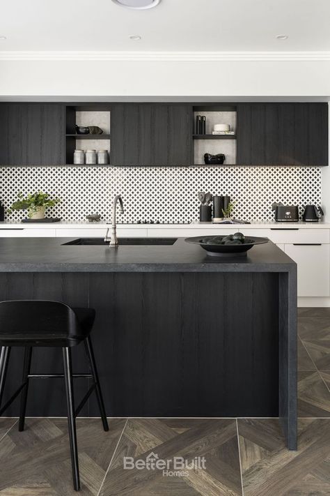 Black Benchtop Kitchen, Black Benchtop, Concrete Bench Top, Monochrome Kitchen, Two Storey House, Contemporary Kitchen Design, White Cabinetry, Black Kitchens, Kitchen Tiles