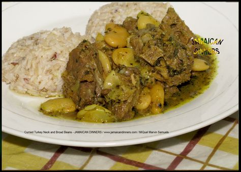 Curried Turkey Neck and Broad Beans - JAMAICAN BREAKFASTS - Jamaican Food / Jamaican Dinners - MiQuel Marvin Samuels http://jamaicandinners.com/ Curried Turkey, Food Jamaican, Turkey Neck Recipe, Curry Turkey, Jamaican Breakfast, Turkey Sauce, Turkey Tetrazzini, Jamaican Cuisine, Broad Beans