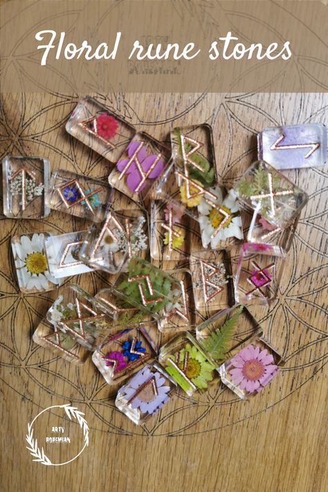 Clear rectangular tiles with bronze metallic runic carvings. The tiles are made from resin and contain leaves and colourful flowers. Resin Runes, Divination Runes, Pagan Spirituality, Wiccan Magic, Elder Futhark Runes, Rune Stones, Futhark Runes, Elder Futhark, Resin Ideas