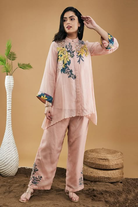 Buy Soup by Sougat Paul Peach Handloom Cotton Zinnia Applique High-low Shirt With Pant Online | Aza Fashions Sougat Paul, Applique Top, Peach Shirt, High Low Shirt, Pant For Women, Shirt Pant Set, Top And Pants Set, Top Pants Set, Suit Designs