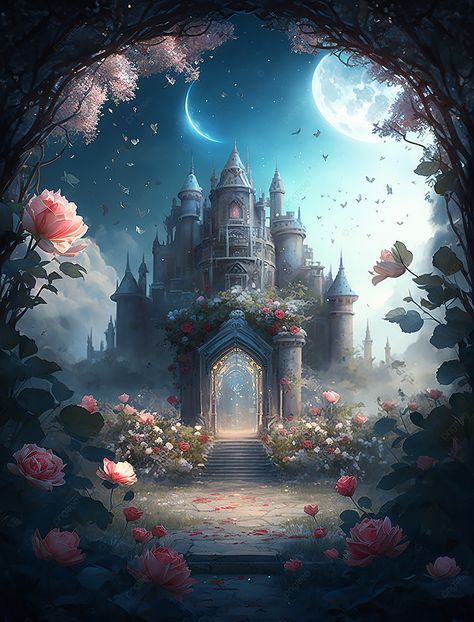 Rose Flower Park Fantasy Cartoon Star Castle Oil Painting Decorative Painting Background Castle Oil Painting, Fantasy Cartoon, Flower Park, Fantasy Kingdom, Dream Illustration, Ib Art, Cartoon Star, Castle Drawing, Painting Background