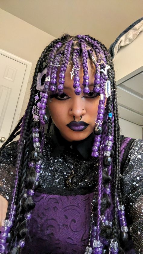 Different Colored Braids For Black Women, Kawaii Hairstyles For Black Women, Half Black Half Red Braids, Colorful Black Hairstyles, Wick Hair Styles, Purple Braid Hairstyles, Black Alt Hairstyles Braids, Alt Black Woman Hair, Black And Purple Hair Black Women