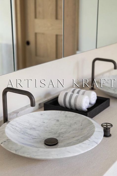 Carrara Marble Sink in a modern neutral style primary bathroom. Vessel style design for the sink. Marble Trough Sink, Marble Integrated Sink, Carrara Marble Vessel Sink, Stone Vessel Sink Bathroom, Natural Stone Vessel Sink Bathroom, Marble Bathroom Sink, Marble Vessel Sink, Dark Emperador, Emperador Marble