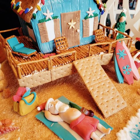 Ginger Bread Beach House Ideas, Gingerbread House Ideas Beach Theme, Tiki Gingerbread House Ideas, Camping Gingerbread House, Hawaiian Gingerbread House, Gingerbread Beach House Ideas, Beach Theme Gingerbread House, Gingerbread House Beach Theme, Beach Themed Gingerbread House