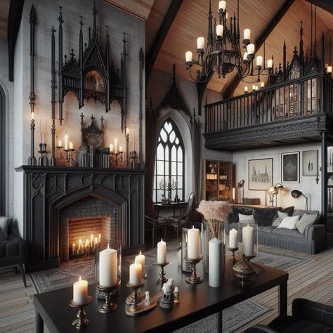 Modern Gothic House Gothic Loft Apartment, Modern Goth Interior, Gothic Fireplace Decor, Gothic Cathedral Interior, Neogothic Aesthetic, Gothic Townhouse, Gothic Style Home Interior Design, Gothic House Ideas, Farmhouse Goth