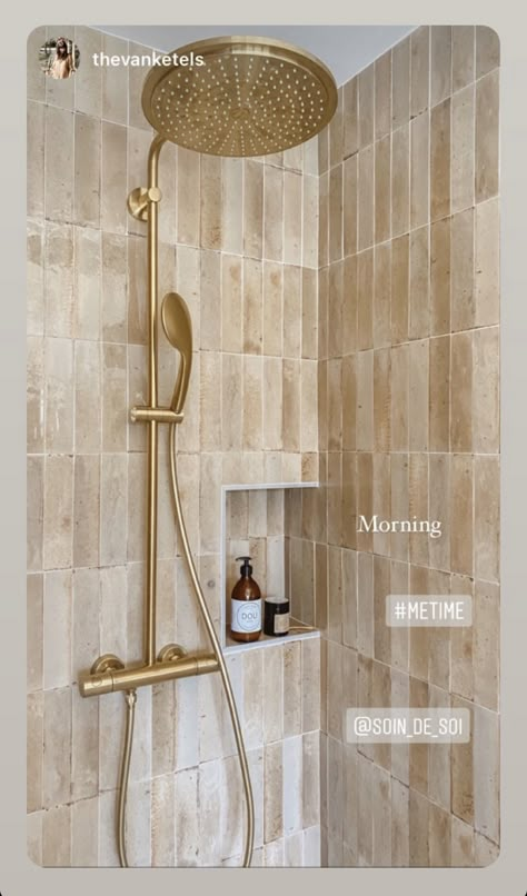 Bathrooms With Microcement, Four Piece Bathroom Layout, Bathroom Golden Details, Pink Lime Wash Bathroom, Vintage Shower Head, Stone Walk In Shower Ideas, Beige Gold Bathroom, Gold Bathroom Aesthetic, Shower With Gold Fixtures