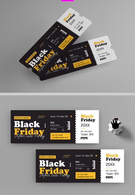 A Black Friday Night Party Event Ticket Design Layout features a sleek and dynamic design with bold typography and striking visuals. Incorporating dark tones with pops of vibrant colors, it highlights event details such as date, time, venue, and ticket number. Perfect for adding excitement and professionalism to Black Friday party promotions. Ticket Graphic Design, Event Ticket Design, Tickets Design, Ticket Design, Learning Graphic Design, Bold Typography, Event Details, Event Poster, Dynamic Design