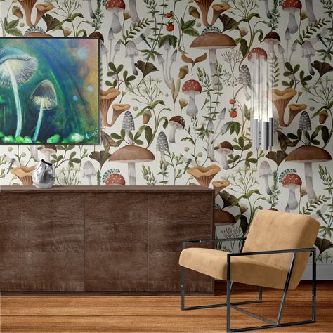 Autum Mushrooms Berry and Bugs Peel and Stick Wallpaper - Etsy Mushroom Wallpaper, Thick Wallpaper, Commercial Wallpaper, Vintage Mushroom, Botanical Wallpaper, Forest Wallpaper, Wallpaper Peel And Stick, Wallpaper Removable, Mural Wall Art