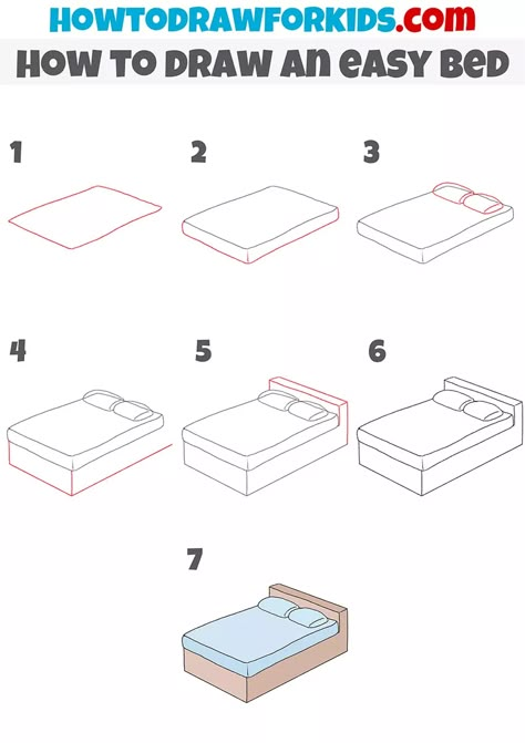 How to Draw an Easy Bed - Easy Drawing Tutorial For Kids 3d Bed Drawing, How To Draw A Couch Step By Step, How To Draw A Bed Step By Step, How To Draw A Bedroom, Bedroom Drawing Easy, How To Draw A Bed, Bed Drawing Reference, Bed Drawing Easy, Bed Doodle