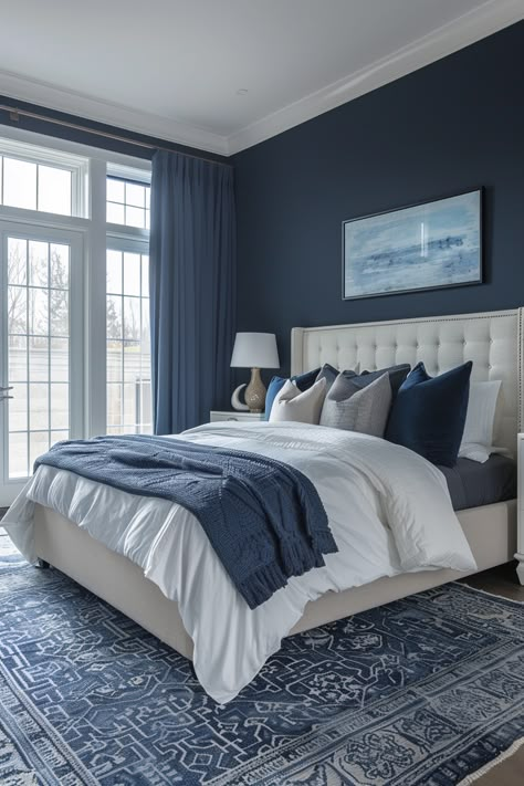 50+ Blue Bedroom Ideas for A Beautiful Calm Home – CreativeBooster Dark Teal Bedroom, Blue And Gold Bedroom, Blue Bedroom Walls, Dark Blue Bedrooms, Blue Bedroom Design, Navy Blue Bedrooms, White Bedroom Design, Teal Bedroom, Blue Bedroom Decor