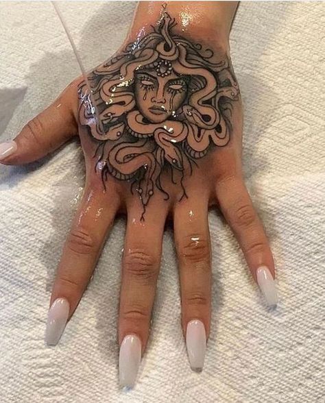 Medusa Hand Tattoo, Hand Tattoo Cover Up, Girl Neck Tattoos, Mystical Tattoos, Rose Sleeve, Hand Tattoos For Girls, Cute Hand Tattoos, Hand And Finger Tattoos, Pretty Hand Tattoos