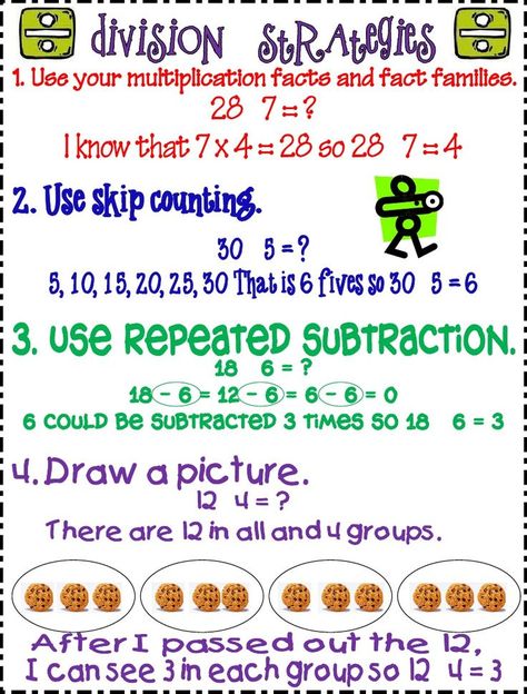 Poster or handout to help 3rd graders with division strategies! Division Strategies, Math Division, Math Operations, Math Anchor Charts, Math School, Fourth Grade Math, Math Instruction, Math Strategies, Math Time