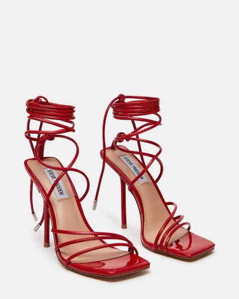 EVITA Red Patent Strappy Square Toe Heel | Women's Heels – Steve Madden Red Heels Prom, Red Prom Shoes, Homecoming Heels, Elegant Shoes Heels, Red Stiletto Heels, Red Strappy Heels, Event Shoes, Gift Wishlist, Heels Steve Madden