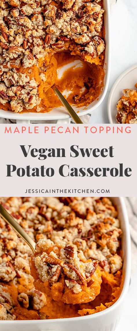 Sweet Potato Casserole Vegan, Casserole Vegan, Vegan Sweet Potato Casserole, Candied Pecan, Vegan Casserole, Pecan Topping, Vegan Holiday Recipes, Vegan Thanksgiving Recipes, Vegan Holidays