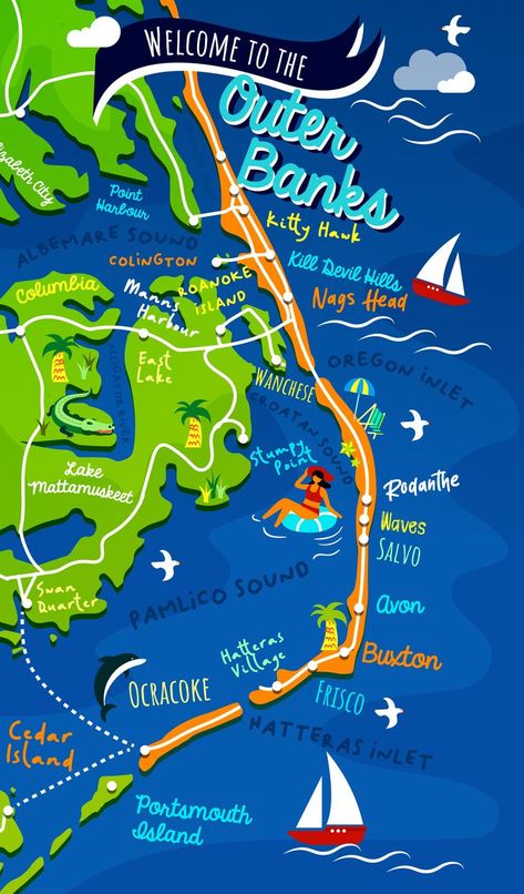 Outer Banks Map, North Carolina Outer Banks, Obx Nc, Roanoke Island, North Carolina Map, Ocracoke Island, East Coast Road Trip, Outer Banks North Carolina, Harbour Island