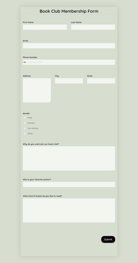 The book club membership form can be used to allow individuals become members of a book club. Individuals can fill out their personal information, favourite authors, genres, and so on. Members' information can be stored with the secure Formplus storage Membership Form, The Book Club, Form Template, Favorite Authors, Book Club Books, Authors, Book Club, A Book, Books