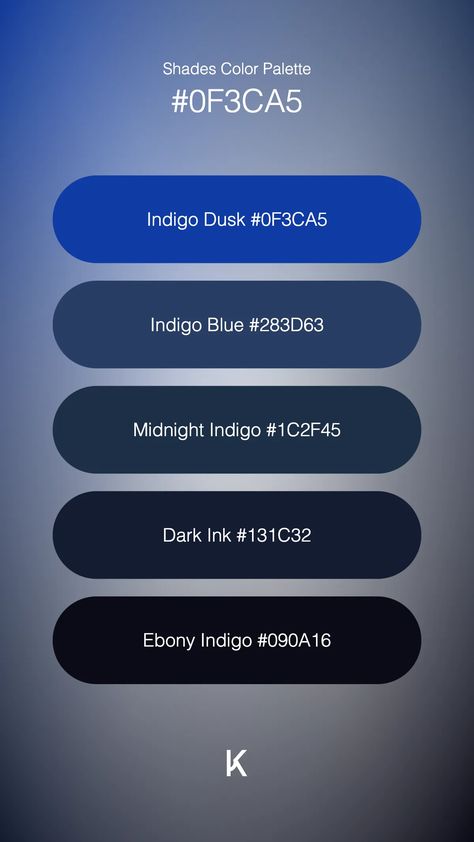 Shades Color Palette Indigo Dusk #0F3CA5 · Indigo Blue #283D63 · Midnight Indigo #1C2F45 · Dark Ink #131C32 · Ebony Indigo #090A16 Color Palette Numbers, Blue Hex Code, Colour Codes, Quiet Confidence, Hex Color Palette, Hex Color, Dark Ink, Color Palette Inspiration, Hex Codes