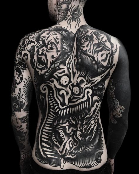 Simone Ruco Blackwork Backpiece, Demon Teeth, Oscar Akermo, Faces Portrait, Demon Monster, Backpiece Tattoo, Tattoo Spots, Tattoo Process, Torso Tattoos