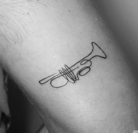 Tiny Trumpet Tattoo, Trumpet Tattoo Design, Jazz Tattoo Ideas, Trumpet Tattoo Ideas, Jazz Tattoo, Trumpet Tattoo, Music Tattoo Designs, Tattoo For Son, Cute Tiny Tattoos