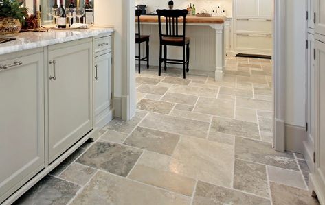 Stone Tile Kitchen Floor, Travertine Tiles Kitchen, Stone Kitchen Floor, Stone Tiles Kitchen, Farmhouse Kitchen Flooring, Kitchen Floor Tiles, Natural Stone Tile Floor, Stone Tile Flooring, Kitchen Floor Tiles Ideas