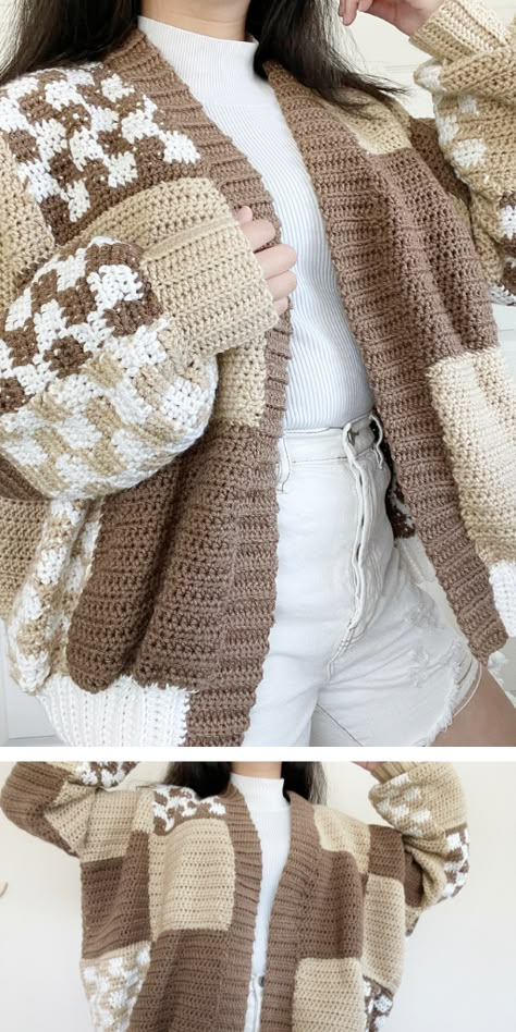 Crochet Cardigan Ideas, Crochet Scarf For Beginners, Crochet And Fabric, Cardigan Ideas, Crochet Brown, Crochet Modern, Cardigan Pattern Free, Crochet Sweater Design, Crochet Cardigan Pattern Free