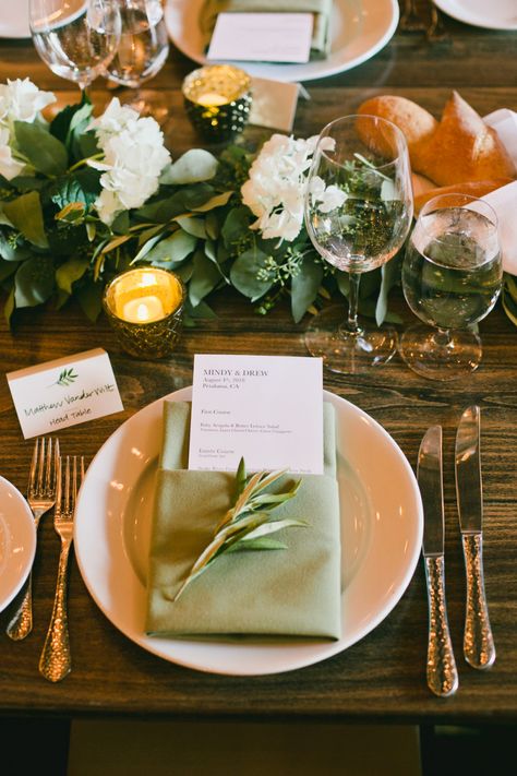 California Weddingon a Ranch in Petaluma Decorated with Drapes and Foliage Wedding Place Settings With Menu Card, Green Napkin Wedding Place Setting, Table Setting With Menu Card, Wedding Place Setting With Menu Card And Napkin, Sage Green Napkins Place Settings, Wedding Table Green Napkins, Green Napkins Wedding Place Settings, Napkin And Menu Place Setting, Napkin With Menu Card