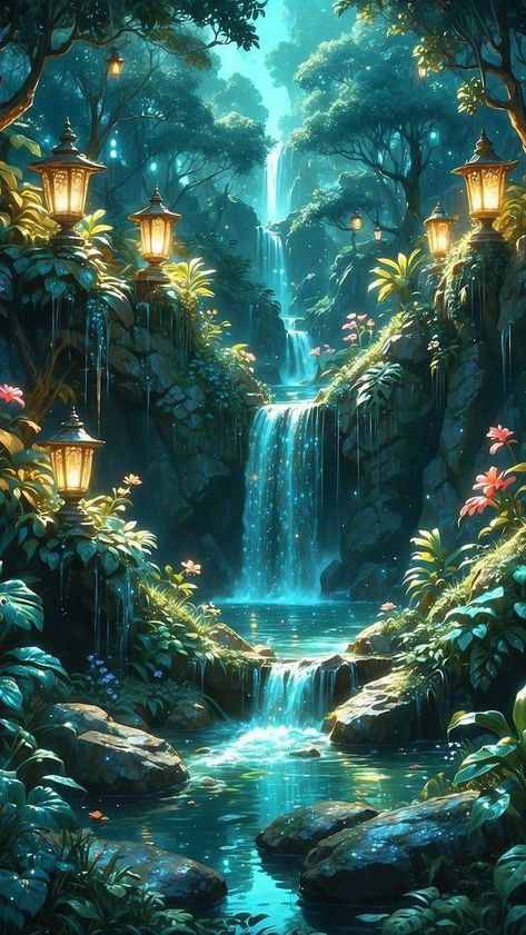 ꒰𝙰𝚒 𝙰𝚛𝚝꒱ Wallpaper Magical forest Zicxa.com Anime Backdrop, Clip Art Frames Borders, Dreamy Artwork, Whimsical Artwork, Forest Background, Lucid Dream, Night Landscape, Forest Wallpaper, Fantasy Art Landscapes