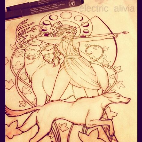 Diana Goddess Tattoo, Goddess Diana Tattoo, Artemis Goddess Tattoo, Artemis Tattoos, Artemis Drawing, Huntress Tattoo, Diana Tattoo, Upper Half Sleeve Tattoos, Artemis Tattoo