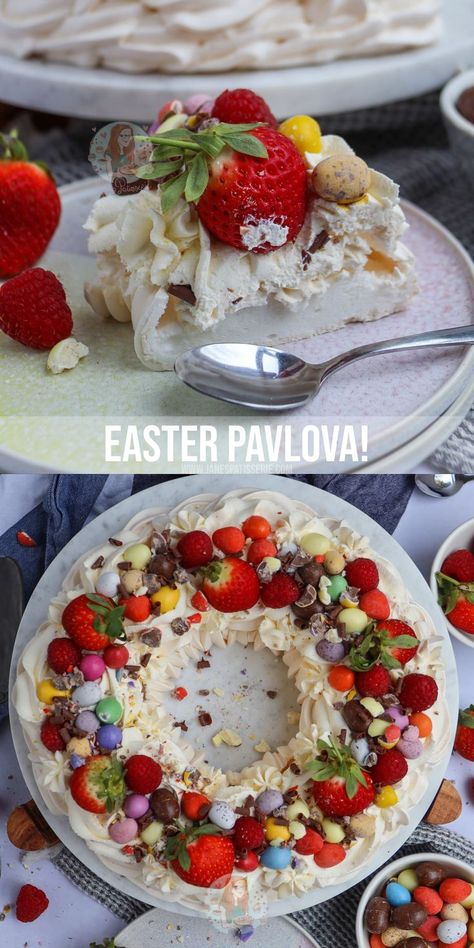 A showstopper for Easter - with an easy homemade meringue, freshly whipped cream, fruit and easter chocolates, why not make this Easter Pavlova?! Easter Pavlova, Valentine Baking Recipes, Homemade Meringue, Healthy Easter Dessert, Healthy Easter Treats, Gluten Free Easter, Easter Party Food, Janes Patisserie, Meringue Desserts