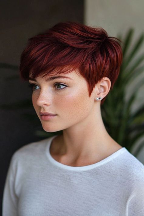 Timeless Cherry Red Hair Color Inspirations Red Short Hair Pixie, Dark Red Pixie Haircut, Dark Red Pixie, Cherry Red Hair Color, Red Pixie Cut, Short Burgundy Hair, Red Pixie Haircut, Pixie Color, Red Pixie Cuts