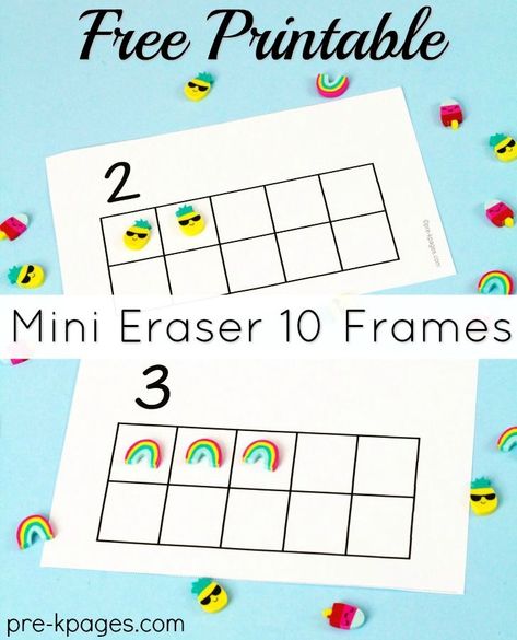 Printable Pineapple Mini Eraser Ten Frames. Mini eraser activities to teach number sense, counting, sorting, patterning and more to your kids at home or in your preschool classroom. Math Activities For Preschool, Ten Frames Kindergarten, Printable Math Games, Mini Erasers, Group Games For Kids, Pre K Pages, Kindergarten Math Games, Printable Kindergarten, Prek Math