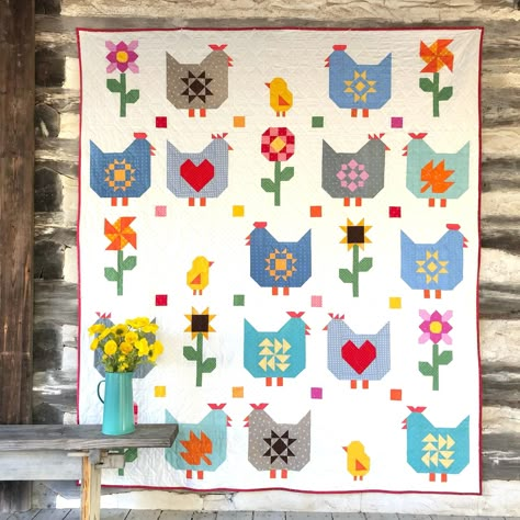 PDF Quilty Chicks Chicken Block of the Month Quilt Pattern - Etsy Canada Chicken Quilts, Folk Art Quilts, Chicken Quilt, Flower Quilts, Lori Holt, Paper Pieced Quilt, Coverlet Bedding, Pieced Quilts, Pdf Quilt Pattern