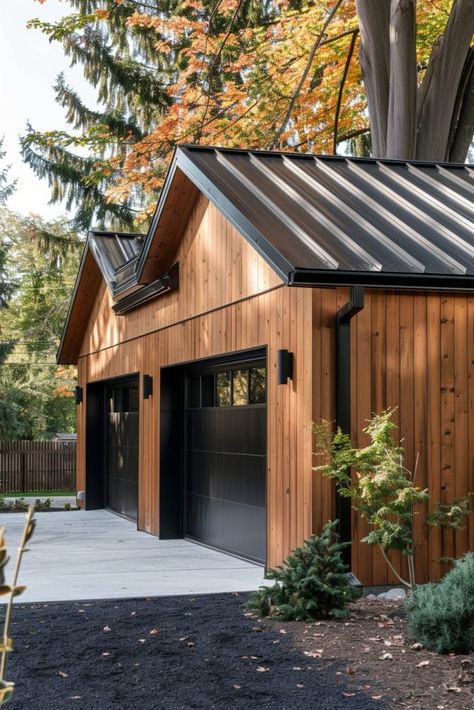 Black And Wood Garage Interior, Black Metal Roof Cabin, Black House With Metal Roof, L Shape Garage, Stone House Metal Roof, Modern Detached Garage, Build A Garage, 6 Car Garage, Car Garage Design