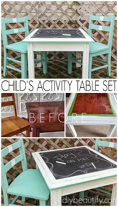 Create an activity set from mismatched pieces | diy beautify Refurbished Table, Mismatched Furniture, Chalkboard Table, Kids' Furniture, Woodworking For Kids, Diy Chalkboard, Kids Table, Activity Table, Kid Table