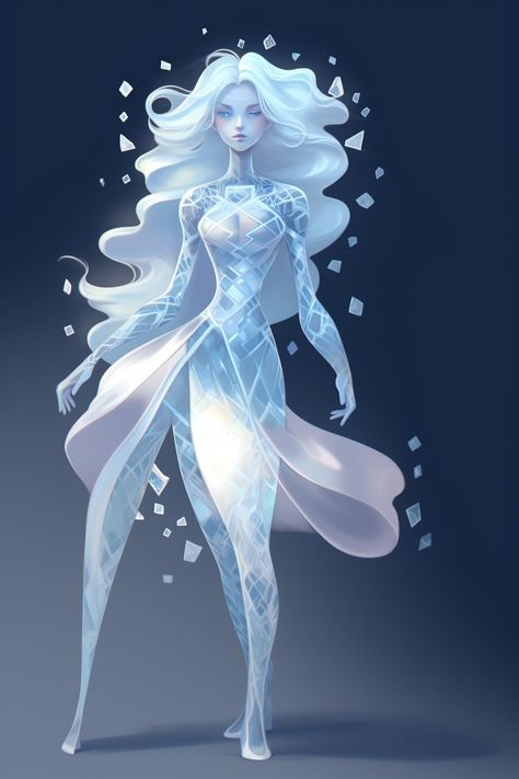 Crystal Genasi, Water Elemental Female, Djinn Female, Crystal Character Design, Alien Human Hybrid, Elemental Goddess, Mystical Characters, Female Monsters, Female Monster