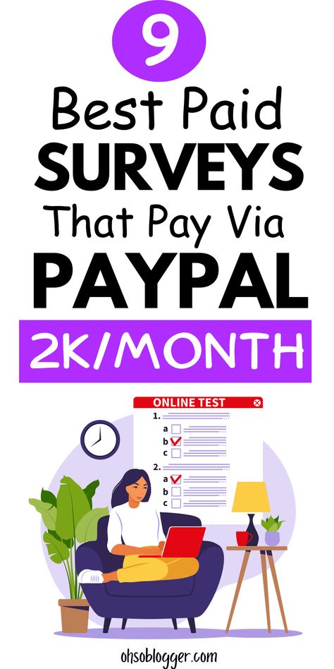 Text reads 9 Best Paid Surveys That Pay Via Paypal & Gift Cards Earn Extra Money Online, Online Surveys That Pay, Survey Sites, Paid Surveys, Paypal Gift Card, Extra Money Online, Make Extra Money, Online Tests, Research Studies