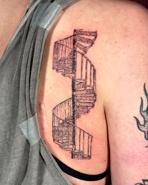 spiral staircase for @shyleeej , thank you for the opportunity to make this with you! #seattletattooartist #queertattooartist #lucytats #transtattooartist #femmetattooer Spiral Stairs Tattoo, Spiral Staircase Tattoo, Architectural Tattoos, Staircase Tattoo, Stairs Tattoo, Spiral Tattoo, Seattle Tattoo, Spiral Stairs, Spiral Staircase