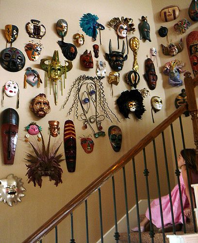 Collection of masks from world folklore- part Jungian/Campbell, part Freudian psychoanalytic, all syncretic. I have a few already, but would love more for my future place. Scary Staircase, Masks On Wall, Wall Of Masks, Mask Wall Decor, African Inspired Decor, Mask Collection, Mask Wall, Wall Mask, African Decor