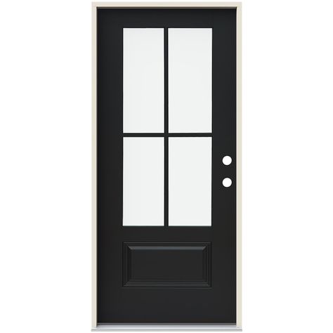 JELD-WEN 36-in x 80-in Fiberglass 3/4 Lite Left-Hand Inswing Black Painted Prehung Single Front Door with Brickmould Insulating Core in the Front Doors department at Lowes.com Jeld Wen Doors, Front Entry Door, Black Front Doors, Glass Hinges, Fiberglass Door, Glass Insulators, Front Entry Doors, Glass Front Door, House Exteriors