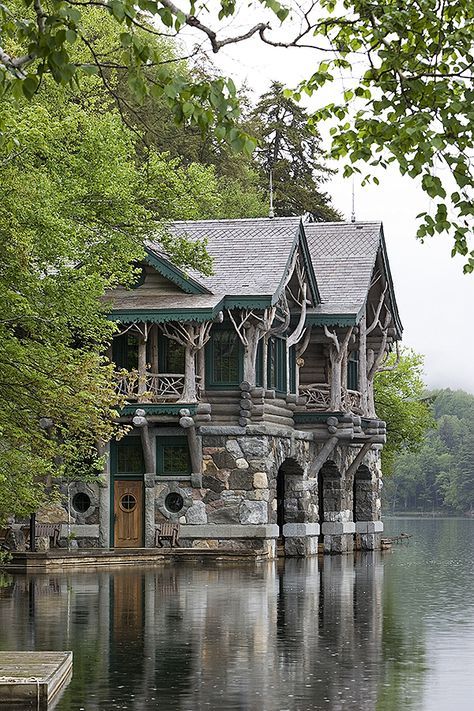 Camp Topridge, Rustic Stone Fireplace, Lake Camp, Boat House, This Old House, Rustic Stone, Abandoned Mansions, Lake Cabins, St Regis