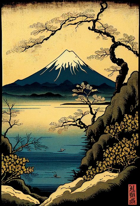 Japanese Mountains Drawing, Japanese Nature Drawing, Japanese Mountains Art, Mount Fuji Art, Vintage Pop Art Wallpaper, Mount Fuji Drawing, Fuji Mountain Illustration, Fuji Mountain Painting, Japanese Art Drawing